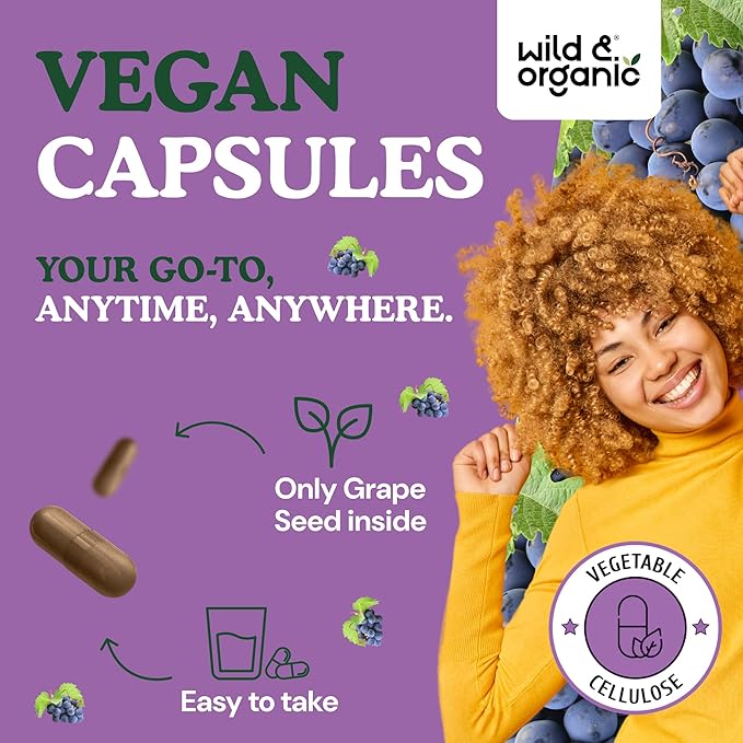 Wild &amp Organic Grape Seed Extract Capsules - 20000 mg Strength Grapeseed Extract Equivalent - 95% Polyphenols - 400 mg per Serving - 120 Vegan Capsules - 4 Month Supply - Non-GMO