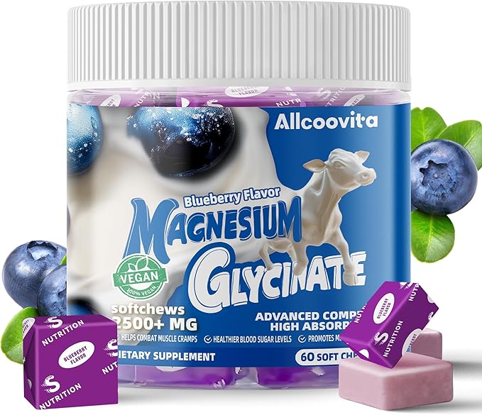 Magnesium Glycinate Soft Chews Blueberry Flavor.Chewable Sugar Free Potassium Magnesium Chews with Magnesium Glycinate Vitamin D B6 and CoQ10 for Calm Support &amp Sleep for Adults 60 Days Suppl
