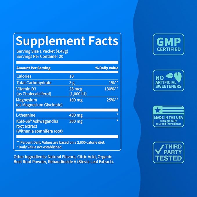 Nello Supercalm Powdered Drink Mix Cortisol Reducer and Sleep Aid Supplement L Theanine Ksm-66 Ashwagandha Magnesium Glycinate Vitamin D 3 No Sugar Non GMO On The Go 20 Ct Raspberry Lemonade