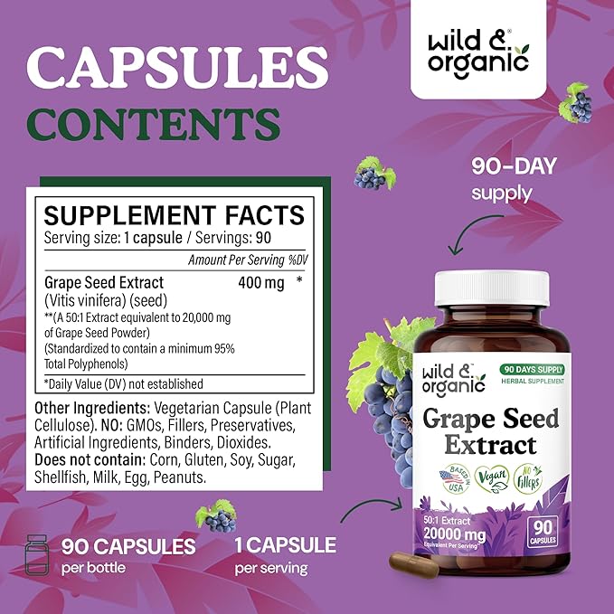 Wild &amp Organic Grape Seed Extract Capsules - 20000 mg Strength Grapeseed Extract Equivalent - 95% Polyphenols - 400 mg per Serving - 3 Month Supply - 90 Vegan Capsules - Non-GMO