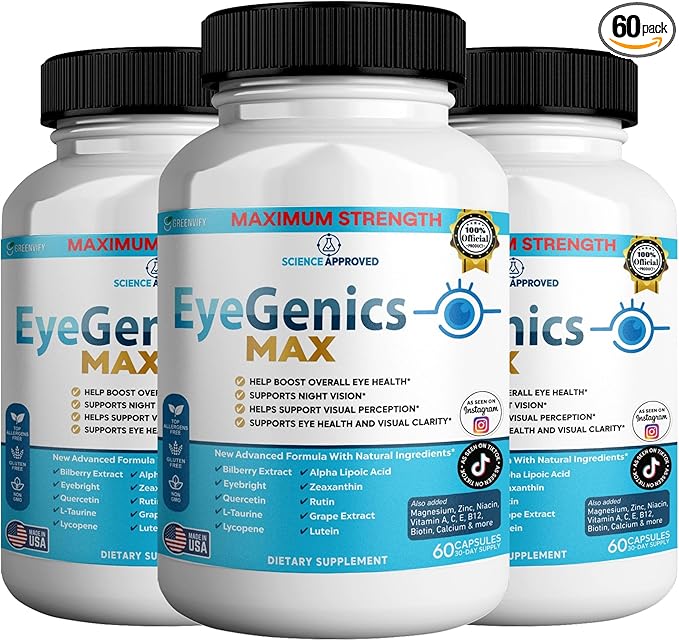 EyeGenics Max Vision Support Supplement 60 Capsules Maximum Strength Eye Health Formula with Lutein Bilberry Extract Vitamins (3)
