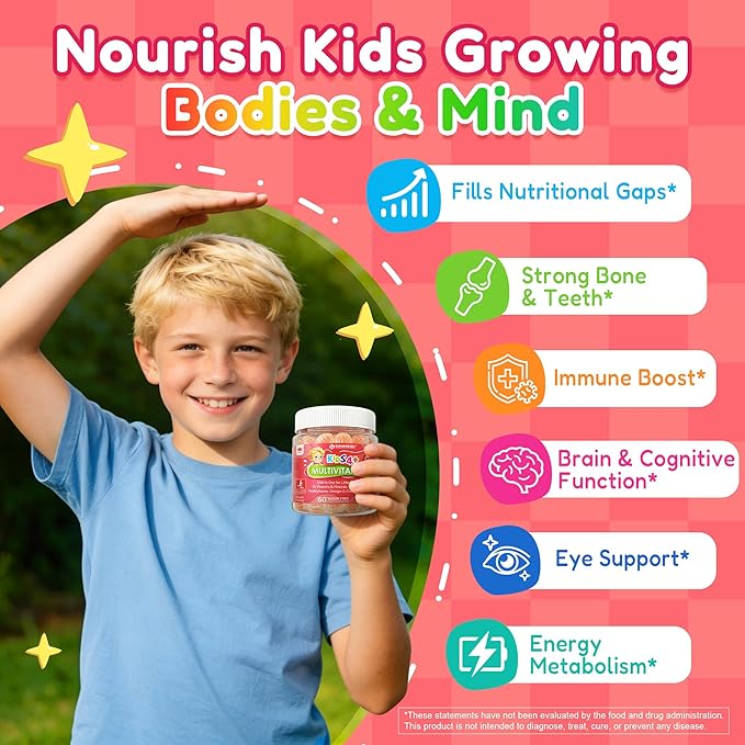 Kids Multivitamin Gummies + Iron Omega 3 Probiotic Fiber Vitamins A C D3 E K2 Methylfolate Calcium Choline Kids Vitamins Multivitamin for Growth Immune Bone Brain Focus No Sugar 60 Cts