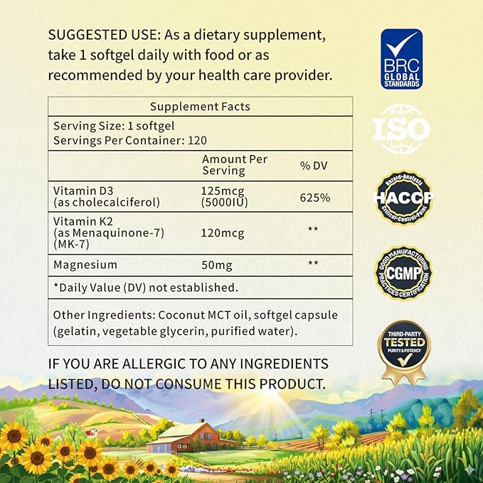 Vitamin D3 K2 5000 IU 120 Softgels with Magnesium Supplement - &amp 120mcg MK-7 K2 for Bone Health &amp Immune Support - Non-GMO &amp Gluten-Free Softgels with MCT Oil