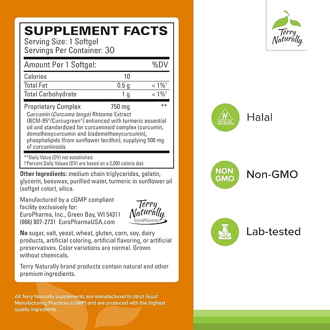 Terry Naturally CuraMed 750mg - Antioxidant Supplement for Brain &amp Heart Health - Supplement with High-Potency Curcumin Complex - Kidney Liver &amp Immune Health Support - 30 Softgels (Pack of 2