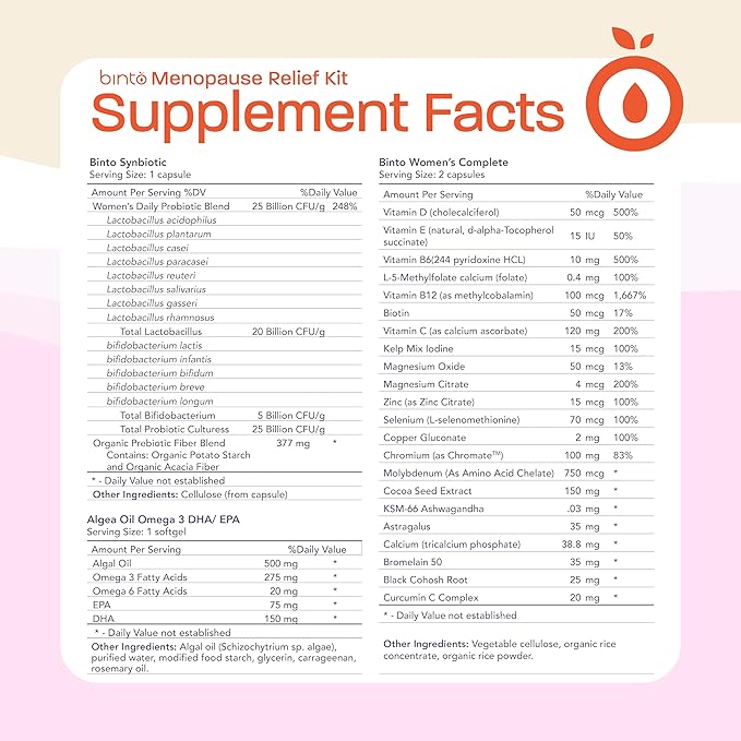 Binto Complete 4-in-1 Multi-Symptom Menopause Relief Kit Supplements - 1 Month Supply - Multivitamins with Omega-3 Ashwagandha and Probiotics/Prebiotic Fiber Blend - Non-GMO