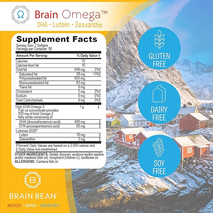 Brain Omega with Lutein and Zeaxanthin – Omega 3 Supplement for Brain Heart &amp Eye Health – 460 mg DHA 90 mg EPA Lutein and Zeaxanthin Supplements – 180 Softgels (90 Servings)