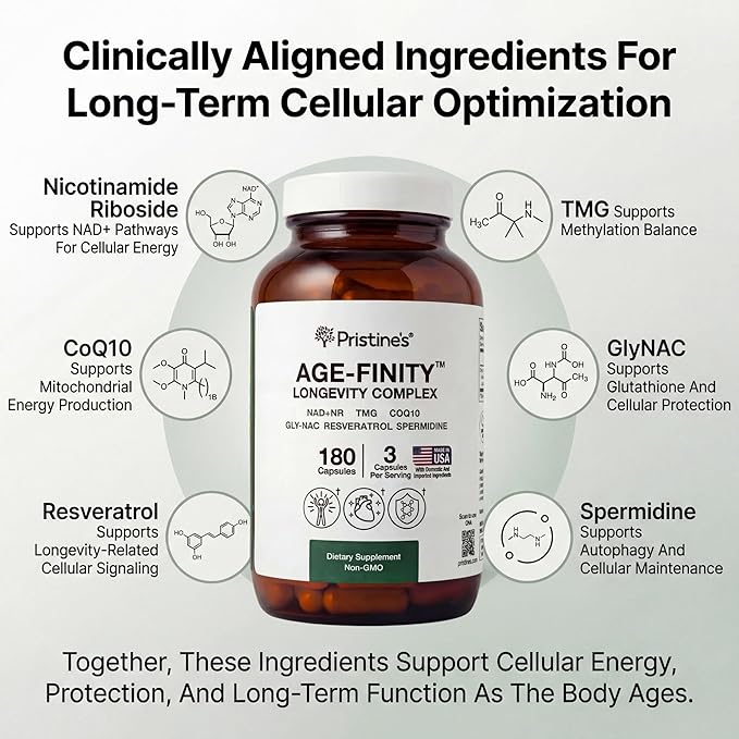 PRISTINE'S Age Finity NAD+ &amp NR Cellular Optimzation Mitochondrial Supplement - NAD Nicotinamide Riboside TMG CoQ10 GlyNAC Resveratrol Spermidine - Cellular Longevity Support - 3rd Party Tes