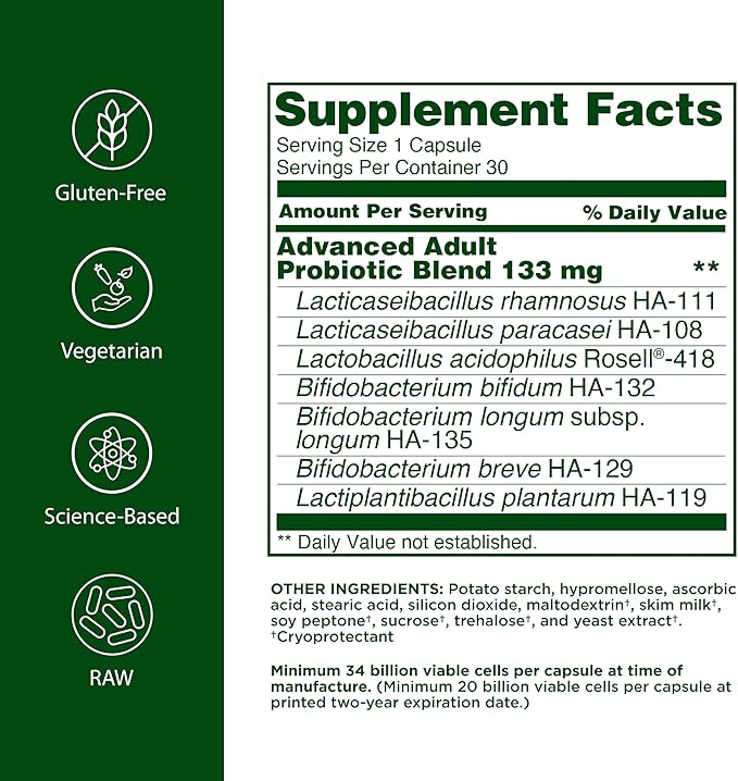 Flora - Advanced Adult's Blend Probiotic Seven Senior-Specific Strains Gluten Free Raw Probiotic with 34 Billion Cells 30 Capsules