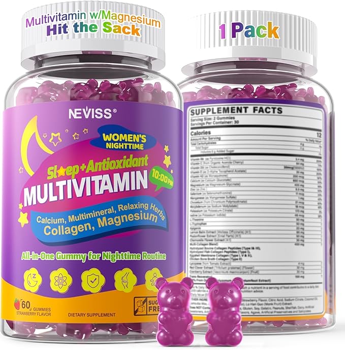 NEVISS Multivitamin for Women Gummies with Magnesium Glycinate Calcium D3 K2 Collagen Gummy for Nighttime Renewal/Sleep Antioxidant Relax Bone Womens 18 30 40 50 60 70+ PM Daily Vitamins 26 in 1