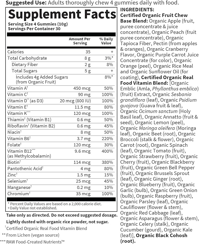 Garden of Life Organics Women 40+ Gummy Vitamins - Berry - Certified Organic Non-GMO Vegan Kosher Complete Multi - Methyl B12 C &amp D3 - Gluten Soy &amp Dairy Free 120 Real Fruit Gummies