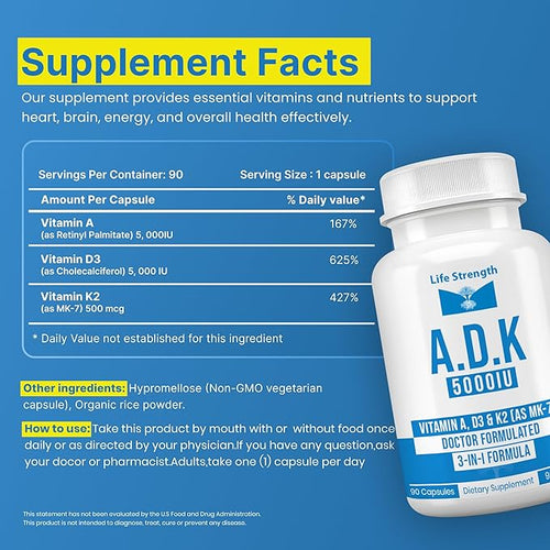 ADK 90 CT 5000 IU Physician Formulated Vitamins A D3 &amp K2 (as MK7) Bone Heart &amp Immune System Support Gluten Free Soy Free Non-GMO