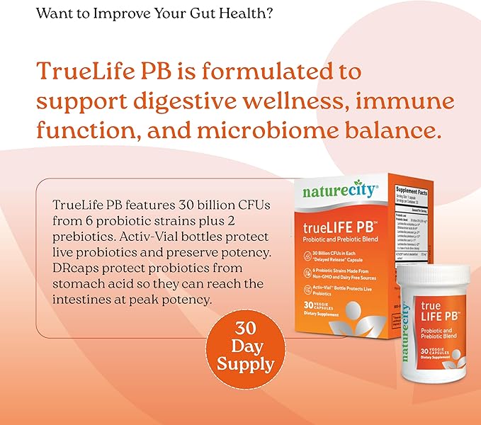 NatureCity True-Life-PB Shelf Stable Blend Prebiotics and Probiotics for Women and Men - Digestive Gut Health Supplements for Women and Men - Dairy Free - (30 Veggie Capsules)
