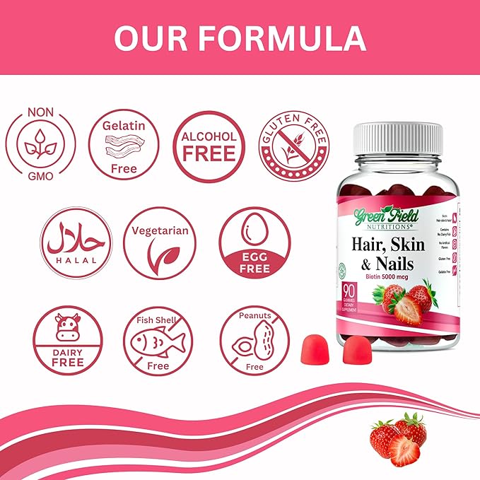 Greenfield Nutritions - Halal Biotin Gummies Vitamin for Hair Skin and Nails Supports Fat Metabolism Hair Growth Strong Nails &amp Clear Skin Gelatin Free Non-GMO and Gluten Free - 90 Gummies