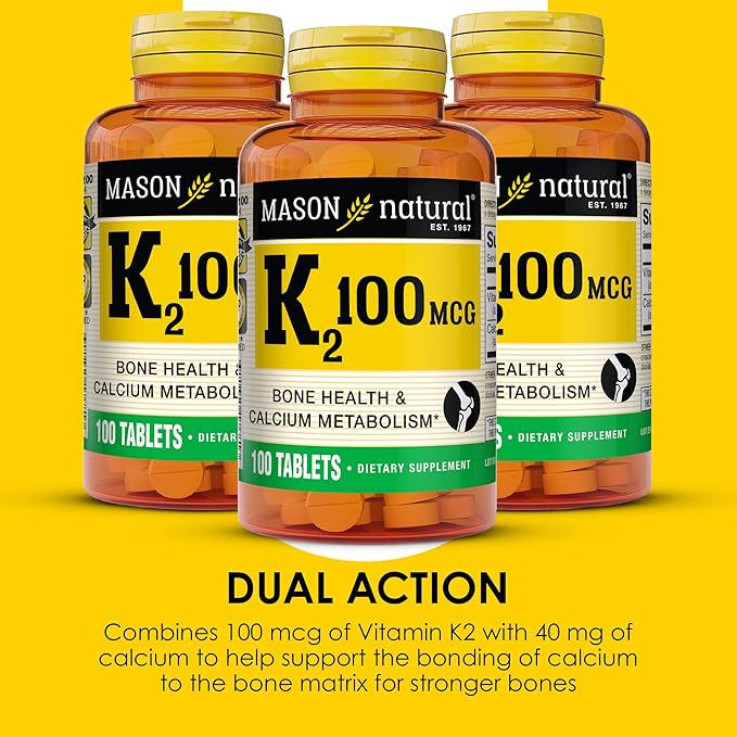 MASON NATURAL Vitamin K2 100 mcg with Calcium Supports Bone Heart &amp Muscle Health 100 Tablets Pack of 3