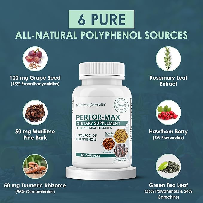 Rawleigh Perfor-Max 60 Capsules for 1 month: Supplement with 6 Polyphenol Sources Like Grape Seed Pine Bark Turmeric Green Tea Hawthorn &amp Rosemary Extracts for Heart Health &amp Immunity Glu