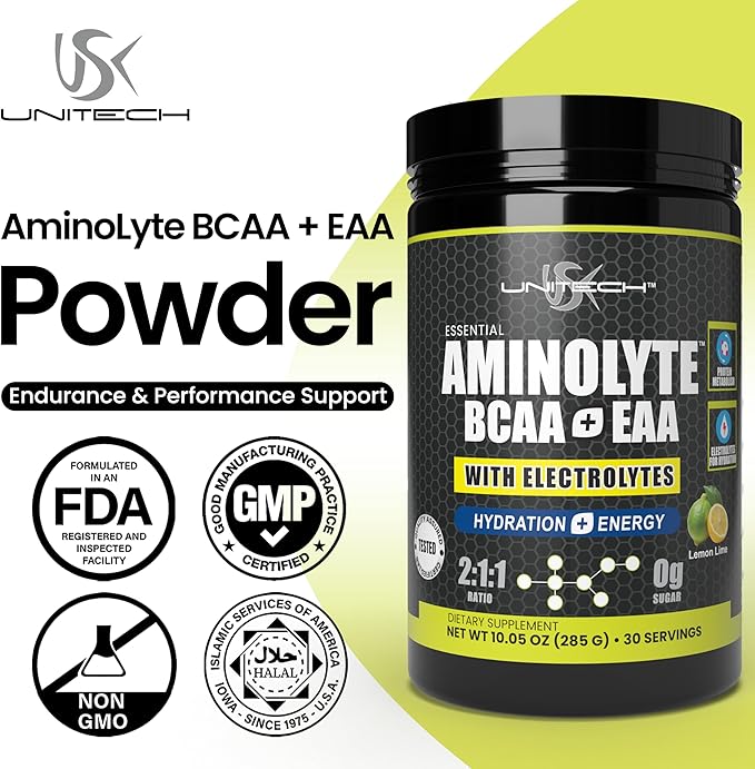 USK Unitech AminoLyte BCAA + EAA &amp Electrolytes Powder | Rich with Essential Amino Acids | Muscle Recovery &amp Hydration | Endurance &amp Performance Support | Dietary Supplement | Lemon Lime F