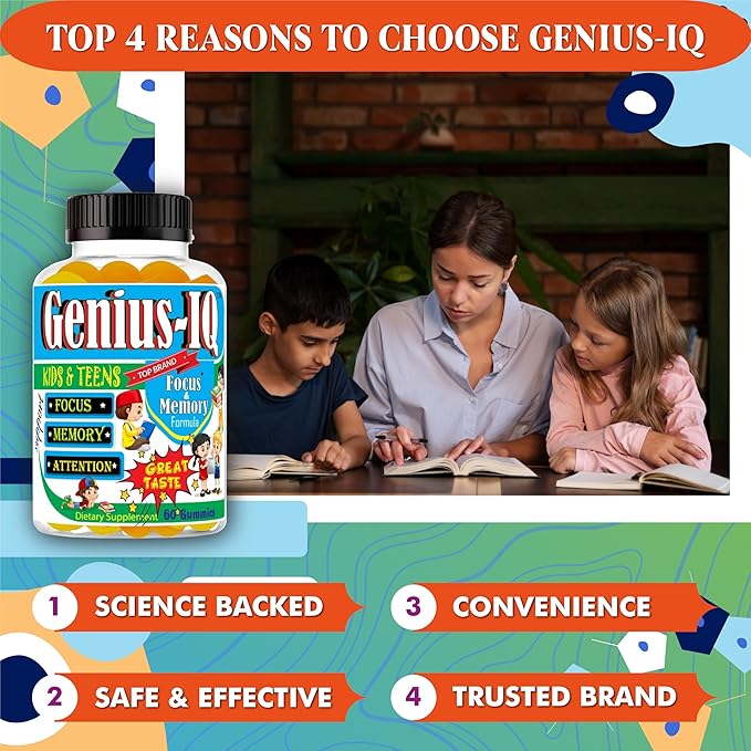 Genius IQ Kids Brain Supplements for Memory and Focus Omega 3-6-9 EPA DHA Gummy Vitamins Brain Booster Calm GummiesSupports Concentration Clarity Attention and Mood 60 Gummies