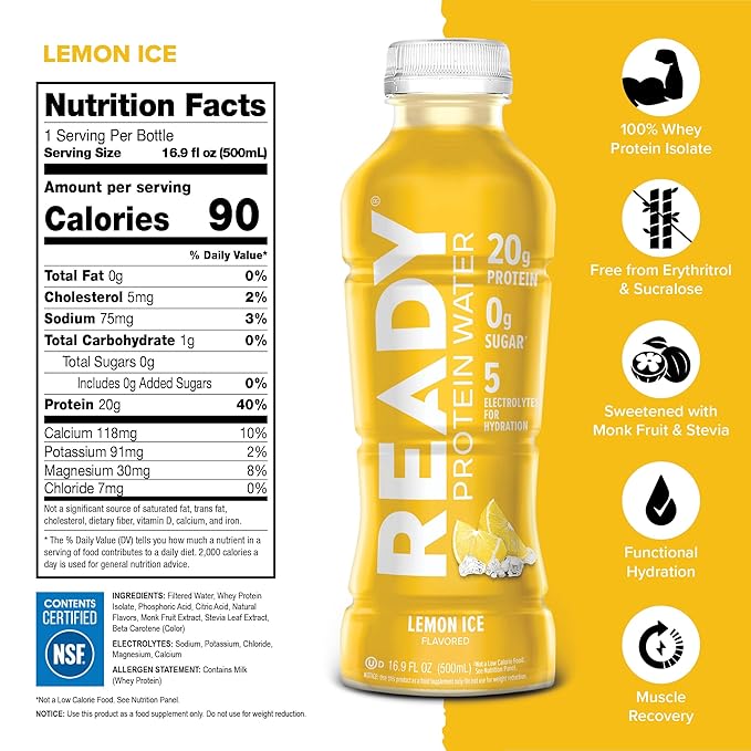 Ready® Clear Protein Water – 20g Whey Protein Isolate Zero Sugar Low-Calorie Sports Drink for Hydration &amp Recovery – Electrolytes Essential Amino Acids – Lemon Ice 16.9 fl oz Bottles (12-Pack)
