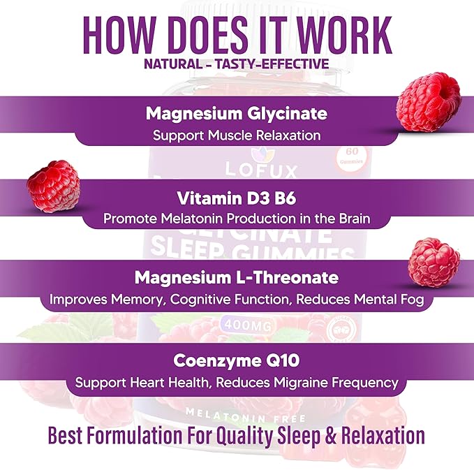 Lofux Magnesium Glycinate Gummies 400mg Sugar Free Magnesium Gummies for Adults Women Men Chewable Supplement Gummy with L-Threonate Vitamin D B6 CoQ10 - for Calm Sleep Body Relaxation 120 Ct