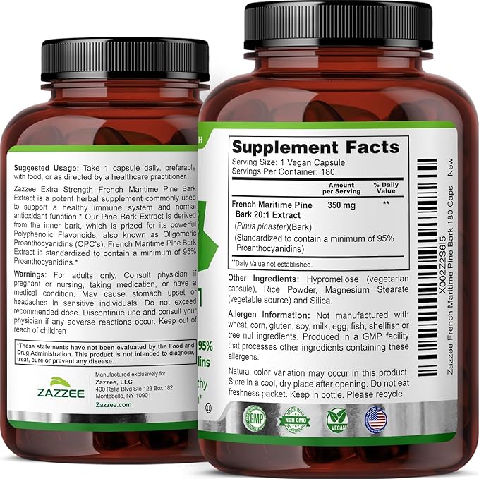 Zazzee Extra Strength French Maritime Pine Bark Extract 20:1 350 mg Per Capsule 95% Proanthocyanidins 180 Vegan Capsules 6 Month Supply Certified Kosher Antioxidant Support Non-GMO Made in USA