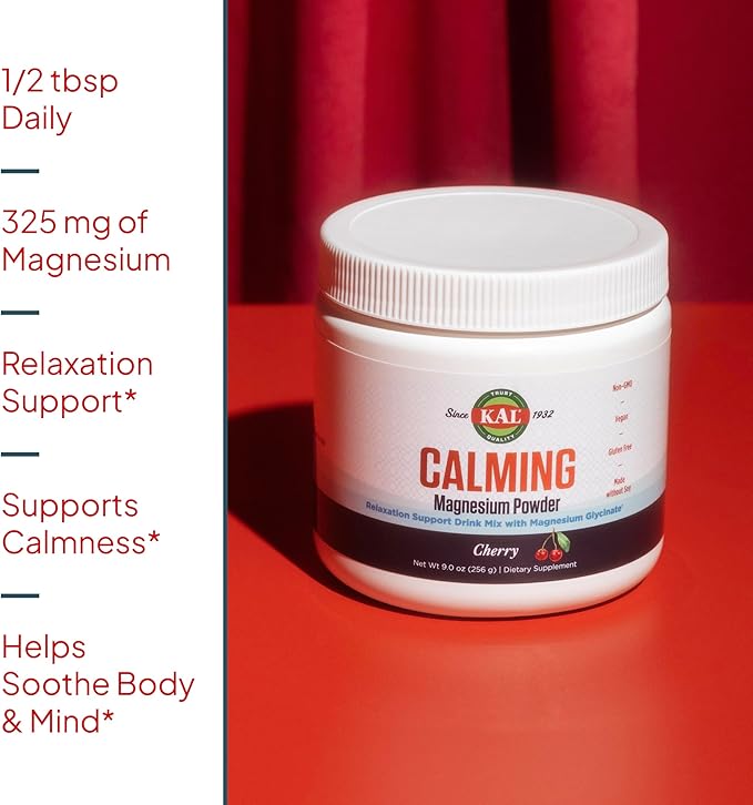 KAL Calming Magnesium Powder - Cherry Flavor Magnesium Supplement - High Absorption Relaxation Support No Added Sugar Vegan Gluten Free Made Without Soy - 40 Servings 9 oz