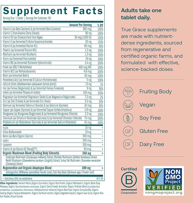 True Grace One Daily Women’s Multivitamin Fermented Minerals Organic Adaptogens &amp Mushrooms Whole Body Balance Immune Energy Beauty Support - Non-GMO Gluten Free Soy Free - 90 Vegan Tablets