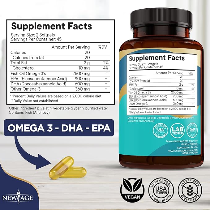 NEW AGE Omega 3 Fish Oil Supplement - Non GMO - EPA DHA Fatty Acids Gluten Free (270 Softgels (Pack of 3))