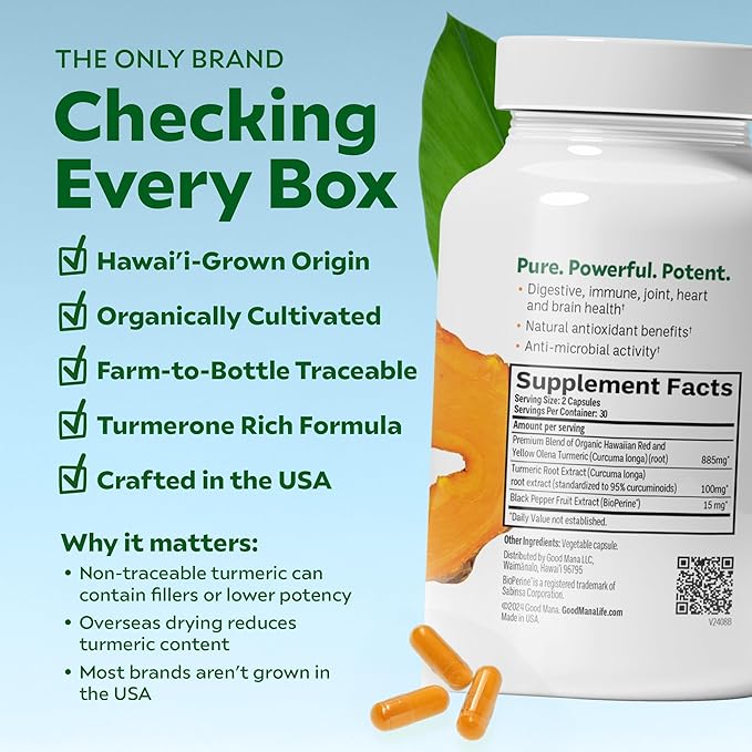 Good Mana Olena Gold Hawaii-Grown Turmeric Supplement - Organic Turmeric Curcumin with Black Pepper - Joint Support &amp Inflammation Relief - 60 Vegan Capsule