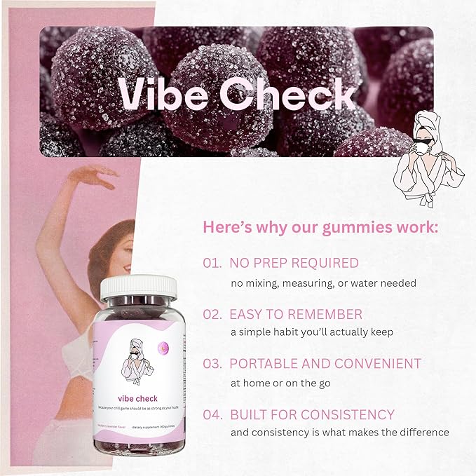 Balancing Act - Vibe Check Magnesium Gummies for Women – Melatonin-Free Calm &amp Relaxation Support with Magnesium Chamomile &amp Lemon Balm – BlackBerry Lavender – 60 Count (30-Day Supply)