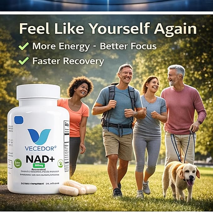 NAD+ Supplement – Cellular Energy Booster &amp Anti Aging Support Brain Focus &amp Metabolism Support Mitochondrial Health Non-GMO Vegan Capsules Resveratrol 60 Count