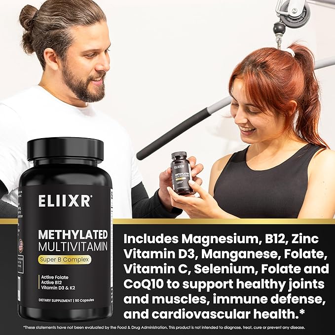 Eliixr Methylated Multivitamin 3 Month Supply 90 Capsules1500 mcg of Active Folate Methylated B12 Vitamin A C K2 D3 E Choline Biotin ALA CoQ10 B-Complex and More. Made in The USA