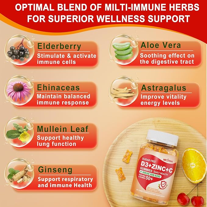 Sugar Free Vitamin C + D3 + Zinc Gummies for Adults 50 + 9 in 1 Immune Defense Supplement with D3 5000IU Elderberry Echinacea Mullein Leaf for Boost Immunity Power Antioxidant Vegan (Pack of 2)