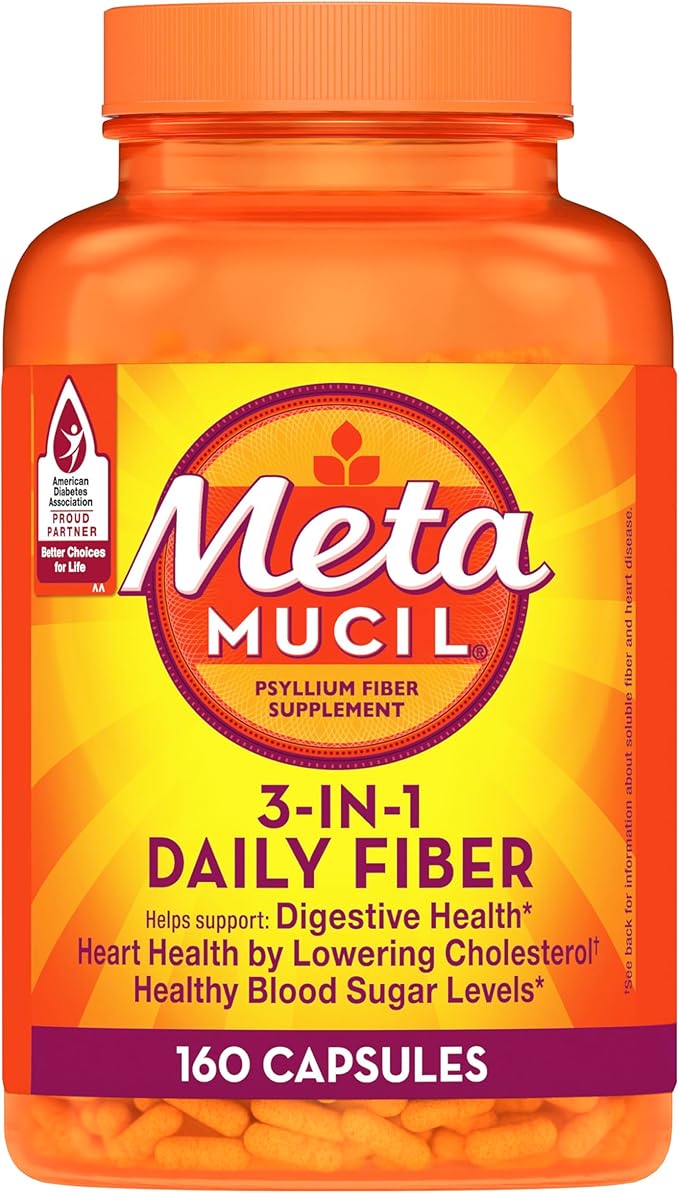 Metamucil Psyllium Husk GLP-1 Friendly Fiber Capsules 160 Capsules 3-in-1 Fiber Supplement Daily Psyllium Husk Fiber Capsules Help Support Digestive Health by Promoting Regularity* Help Supplemen