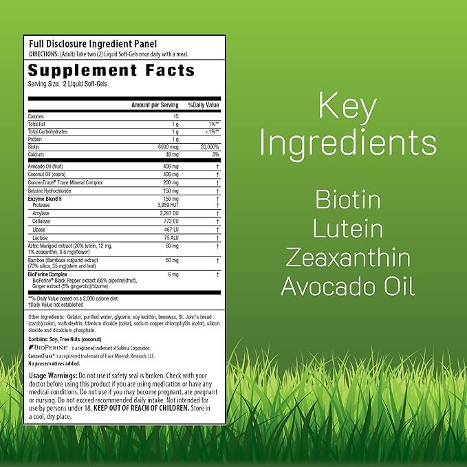 Irwin Naturals Biotin-6000-60 Liquid Soft-Gels Pack of 2 - Supports Strength &amp Protection for Hair &amp Nails - with Avocado Oil Coconut Oil Lutein &amp Zeaxanthin - 60 Total Servings