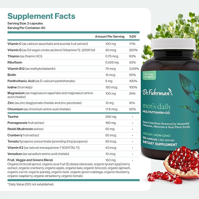 Dr. Fuhrman 2 Month Supply Multivitamin for Men + D3 Vitamin for Immune Support | Vegan Formula Womens Multivitamin with B12 &amp Zinc | Whole Food multivitamin with 17 Fruits &amp Veggies