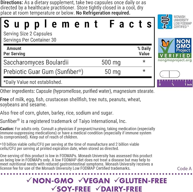 BlueBonnet Nutrition S. Boulardii Probiotic 10 Billion CFU^ w/Prebiotic Sunfiber – Shelf Stable - for Women &amp Men Digestion Gut Mood* - Non-GMO Vegan Free of Gluten Dairy &amp Soy - 30 Servi