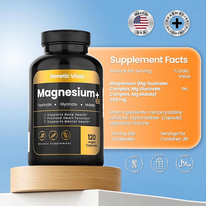 Triple Magnesium Complex 300mg - High Absorption Magnesium Glycinate Taurate &amp Malate - Gluten-Free &amp Vegan - 120 Capsules