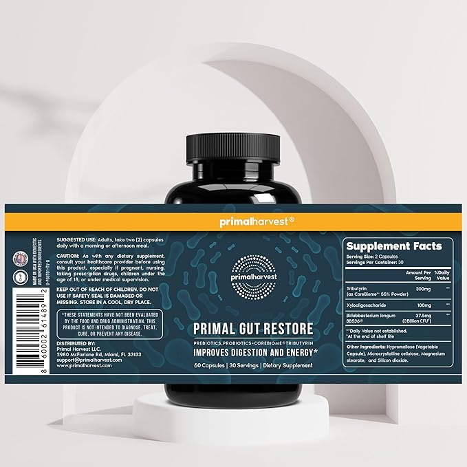 Primal Harvest Probiotics &amp Gut Health Supplements for Women and Men Pre and Probiotics with 31 Billion CFU and Gut Restore Digestion Pills Bundle