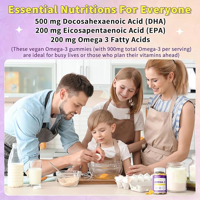 Vegan Omega-3 Gummies 900mg from Algae Oil - Fish Oil Alternative with DHA 500mg &amp EPA 200mg Vitamin B12 Folate &amp PS - Supports Brain Immune &amp Eye Health - Sugar-Free 120 Count