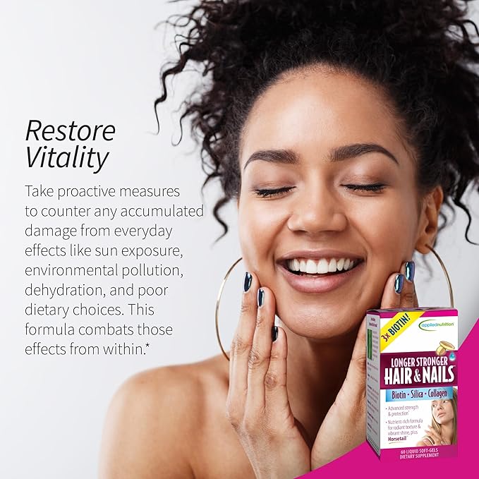 Applied Nutrition Longer Stronger Hair &amp Nails - 60 Liquid Soft-Gels Pack of 4 - Biotin Silica &amp Collagen - 120 Servings