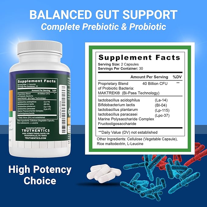 TRUTHENTICS Probiotic 40 Billion CFU with Prebiotics - Bifidobacterium Lactobacillus Acidophilus Paracasei Probiotics for Men &amp Women - Shelf Stable - 60 Vegan Capsules