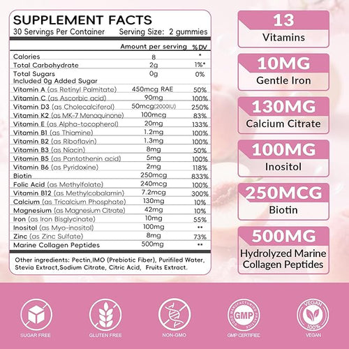 2 Pack Sugar Free Womens Multivitamin Gummies with 19 Multi Vitamins &amp MineralsIronCalciumFolateBiotinInositol for SkinHairEnergy and ImmuneVeganNatural Peach Flavored 120 Count
