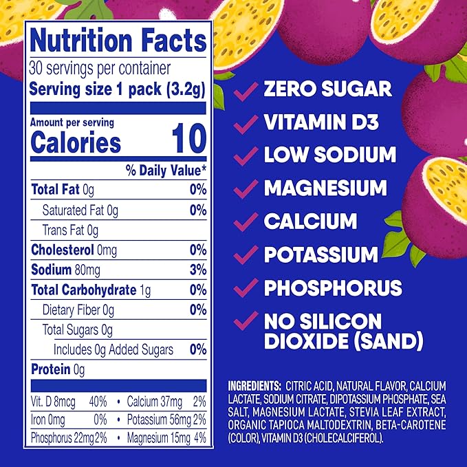 GoHydrate Low Sodium Electrolytes Powder Packets Sugar Free - Instant Hydration Daily Drink Mix - Zero Sugar Water Flavor Packet Singles with Vitamin D - (Passion Fruit 30 Packs)