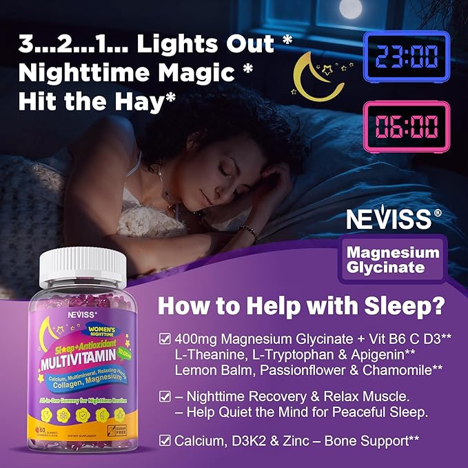 NEVISS Multivitamin for Women Gummies with Magnesium Glycinate Calcium D3 K2 Collagen Gummy for Nighttime Renewal/Sleep Antioxidant Relax Bone Womens 18 30 40 50 60 70+ PM Daily Vitamins 26 in 1