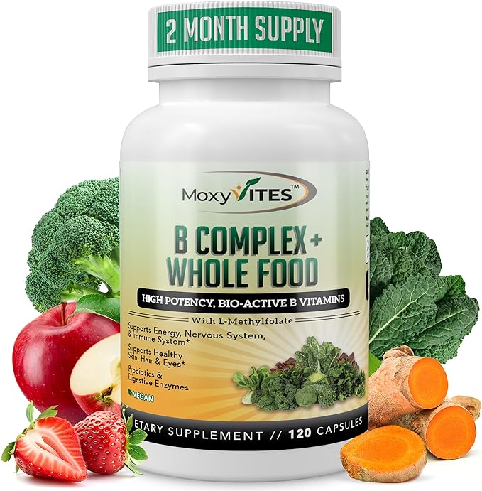 MoxyVites Vitamin B Complex - B Vitamins Whole Food Supplement B12 Methylcobalamin B1 B2 B3 B5 B6 B7 B9 - for Stress Energy and Immune Support Vegan 120 Capsules