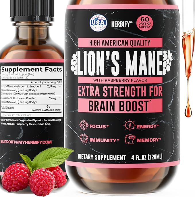 HERBIFY Lions Mane Supplement - Daily Mushroom Supplement for Memory Focus &amp Clarity - Brain Booster - Lions Mane Tincture for Natural Immune Support - 4 Fl Oz Raspberry Flavor