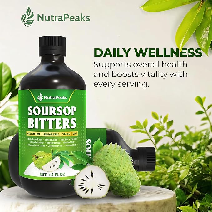 Soursop Bitters Liquid – Herbal Detox Formula with Soursop Turmeric Moringa &amp Black Seed by NutraPeaks – Supports Immune Health &amp Digestive Balance – 16 fl oz