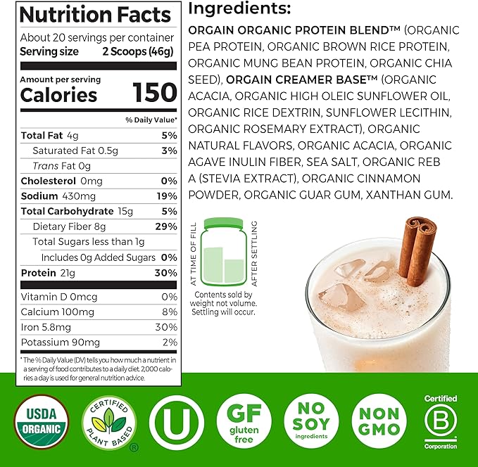 Orgain Organic Vegan Protein Powder Horchata - 21g Plant Based Protein 9g Prebiotic Fiber Low Net Carb No Lactose Ingredients No Added Sugar Non-GMO For Shakes &amp Smoothies 2.03 lb
