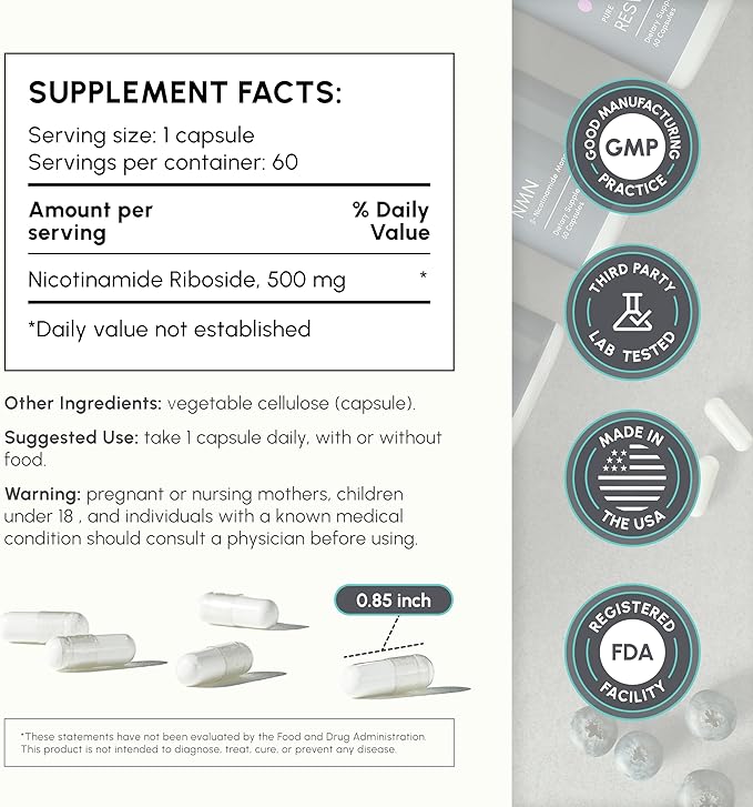 Nicotinamide Riboside (NR) 500mg – NR Supplement for Cellular Health Anti-Aging Energy &amp Metabolism Support – 2-Month Supply (60 Capsules)