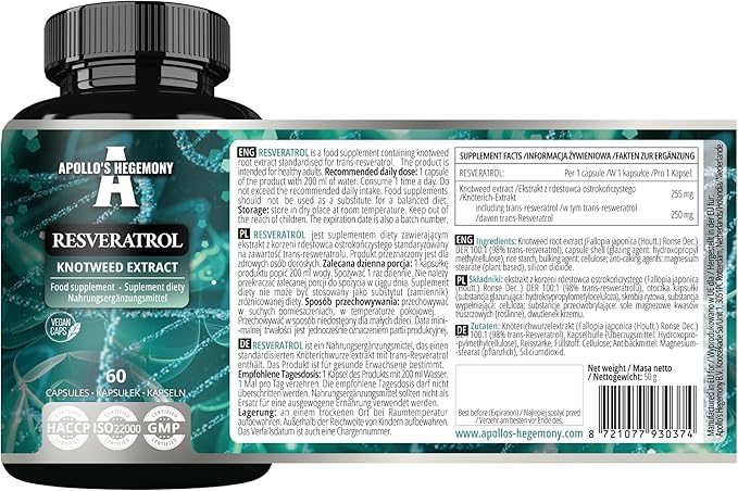 APOLLO'S HEGEMONY Resveratrol High Dose 400 mg - 60 Vegan Capsules - 2 Months Supply - 98% Trans-Resveratrol from Japanese Knotweed Extract - Natural Antioxidant